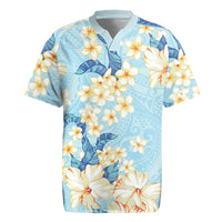 Hawaii Hibiscus Plumeria Blue Rugby Jersey Polynesian Pattern
