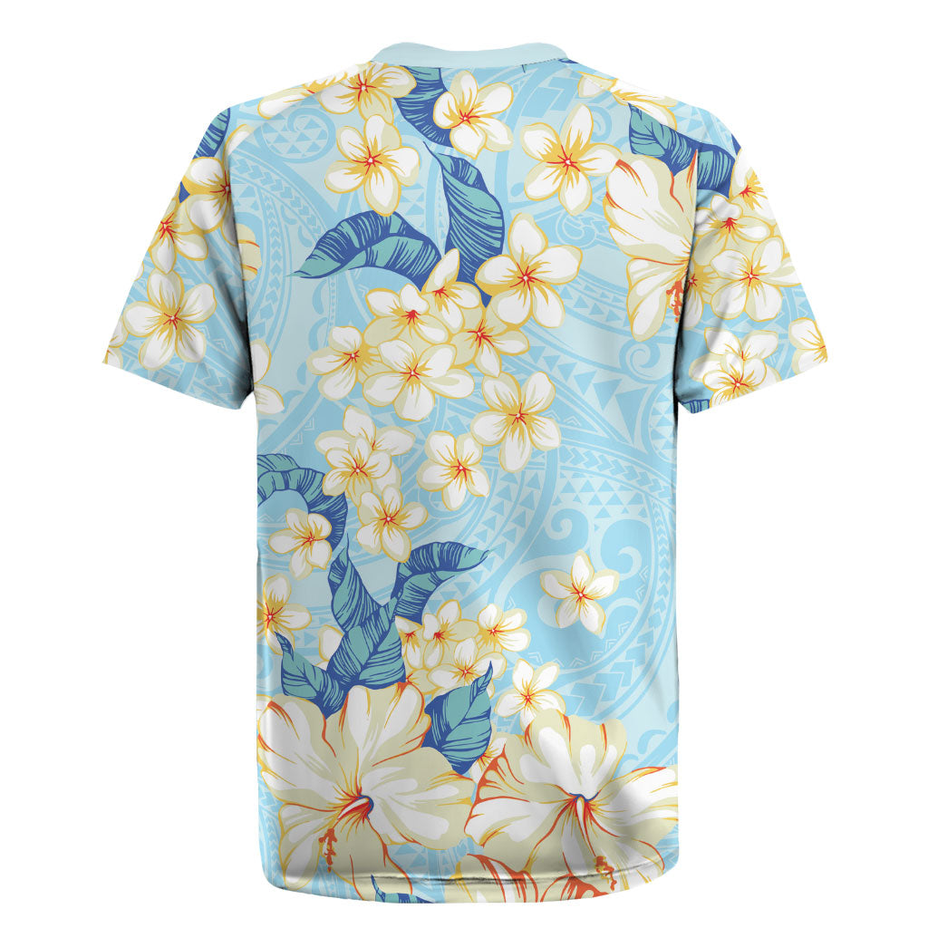 Hawaii Hibiscus Plumeria Blue Rugby Jersey Polynesian Pattern