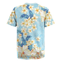 Hawaii Hibiscus Plumeria Blue Rugby Jersey Polynesian Pattern