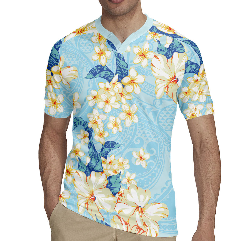 Hawaii Hibiscus Plumeria Blue Rugby Jersey Polynesian Pattern