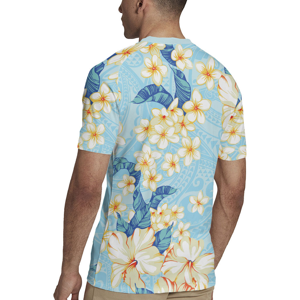 Hawaii Hibiscus Plumeria Blue Rugby Jersey Polynesian Pattern