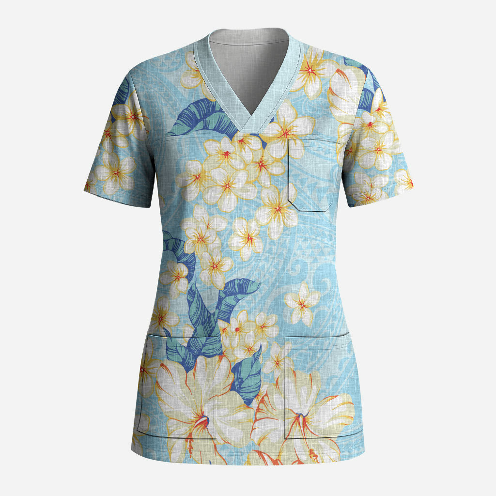 Hawaii Hibiscus Plumeria Blue Scrub Top Polynesian Pattern
