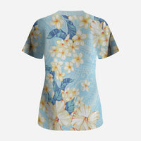 Hawaii Hibiscus Plumeria Blue Scrub Top Polynesian Pattern