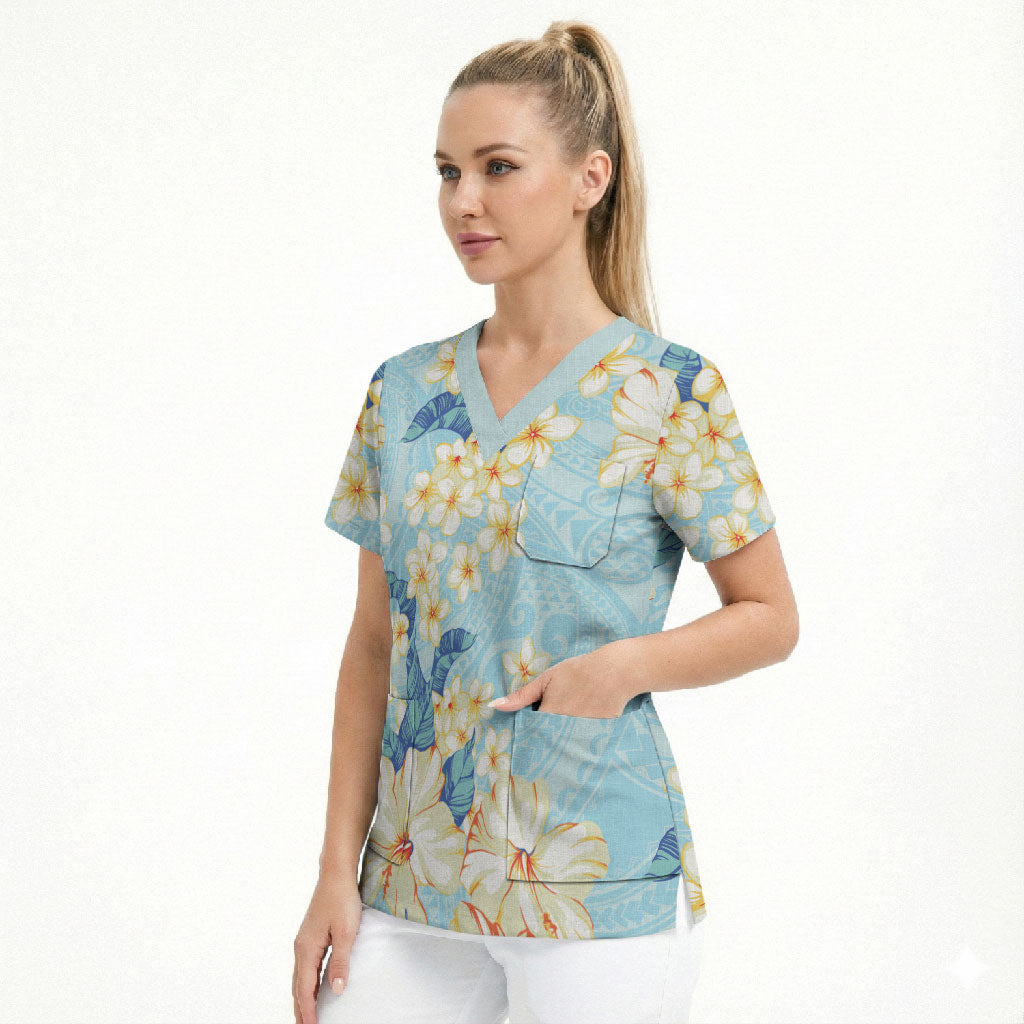 Hawaii Hibiscus Plumeria Blue Scrub Top Polynesian Pattern