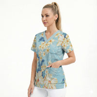 Hawaii Hibiscus Plumeria Blue Scrub Top Polynesian Pattern