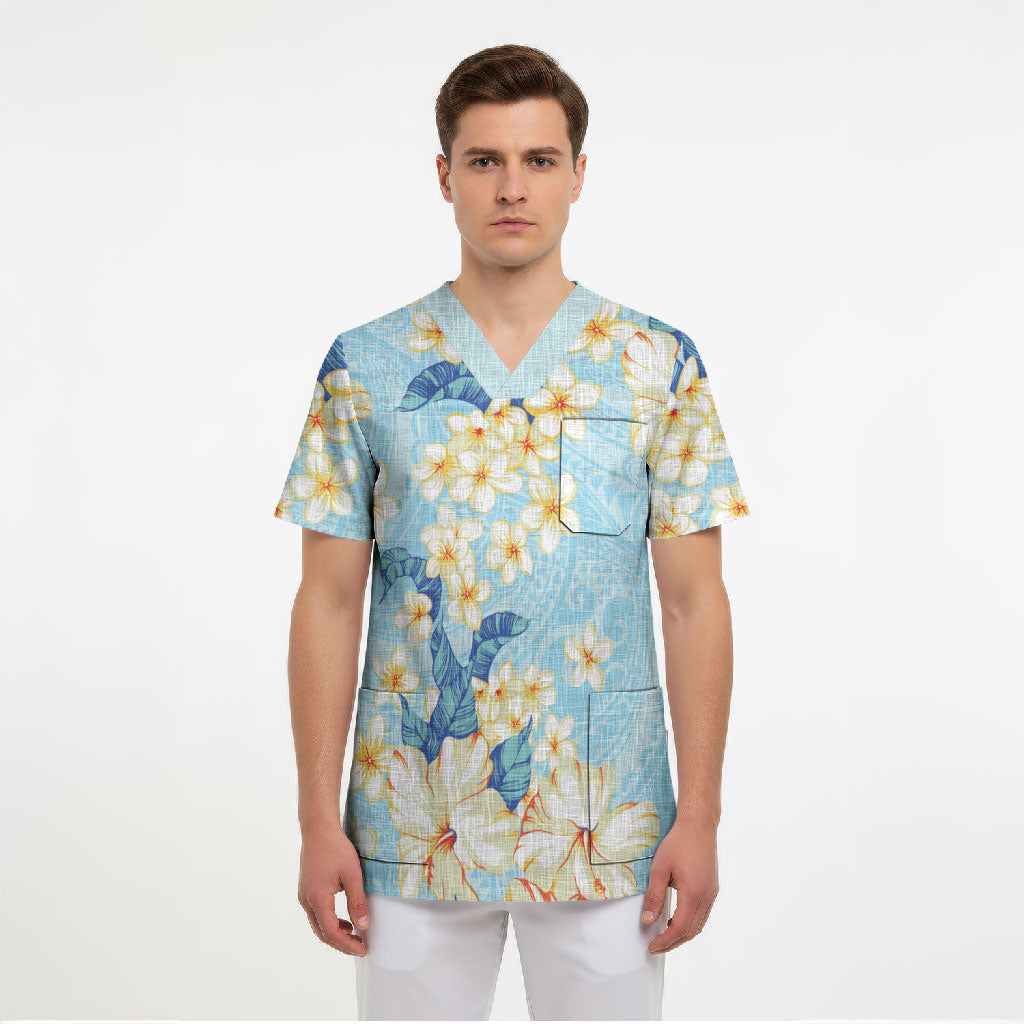 Hawaii Hibiscus Plumeria Blue Scrub Top Polynesian Pattern