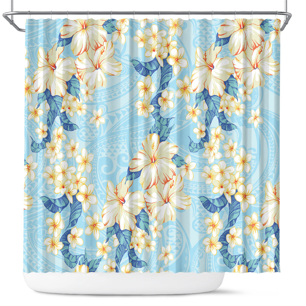 Hawaii Hibiscus Plumeria Blue Shower Curtain Polynesian Pattern