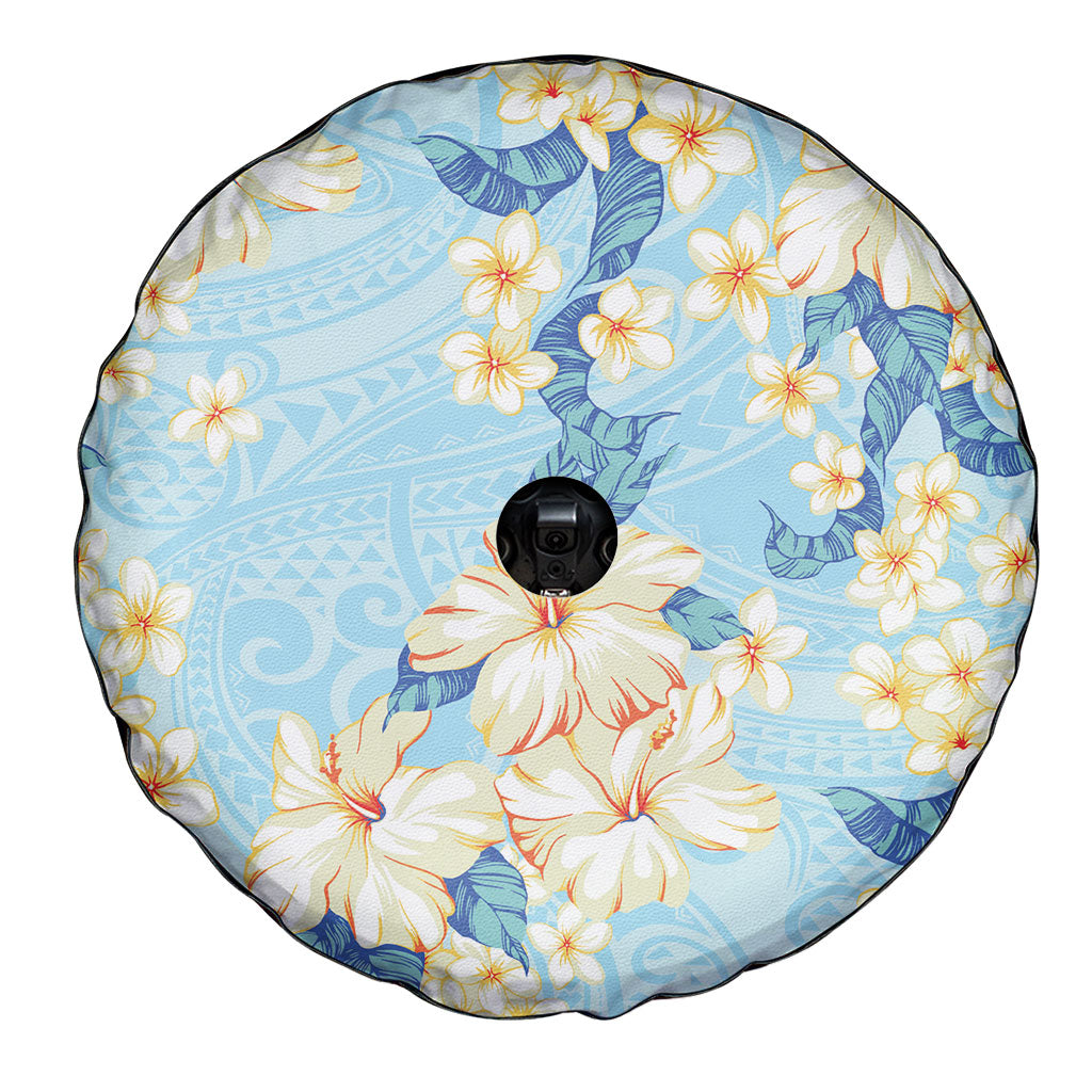 Hawaii Hibiscus Plumeria Blue Spare Tire Cover Polynesian Pattern