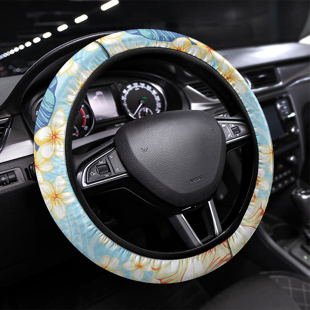 Hawaii Hibiscus Plumeria Blue Steering Wheel Cover Polynesian Pattern