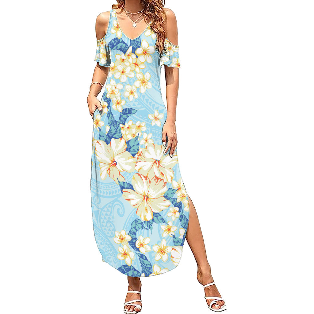 Hawaii Hibiscus Plumeria Blue Summer Maxi Dress Polynesian Pattern