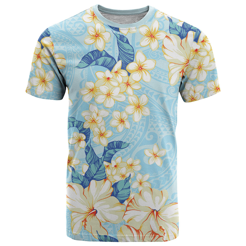Hawaii Hibiscus Plumeria Blue T Shirt Polynesian Pattern