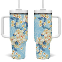 Hawaii Hibiscus Plumeria Blue Tumbler With Handle Polynesian Pattern
