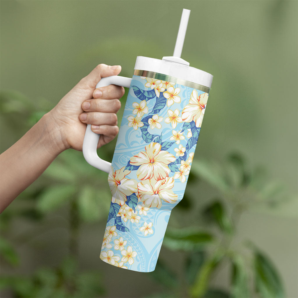 Hawaii Hibiscus Plumeria Blue Tumbler With Handle Polynesian Pattern