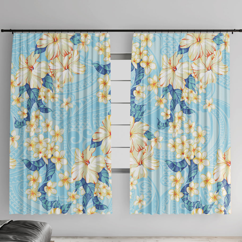 Hawaii Hibiscus Plumeria Blue Window Curtain Polynesian Pattern