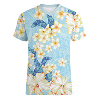 Hawaii Hibiscus Plumeria Blue Women V-Neck T-Shirt Polynesian Pattern