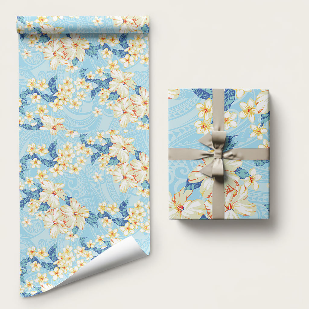 Hawaii Hibiscus Plumeria Blue Wrapping Paper Polynesian Pattern