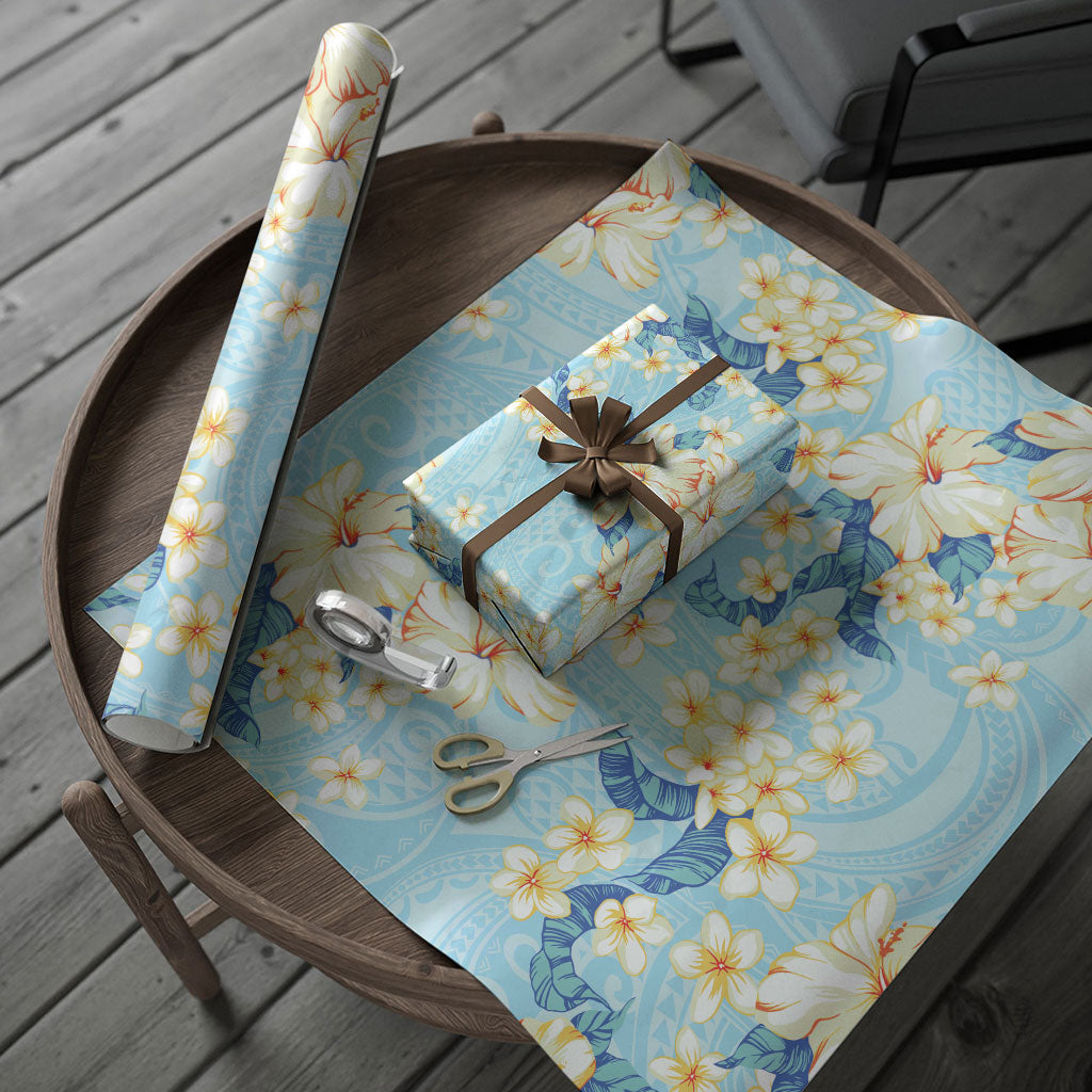 Hawaii Hibiscus Plumeria Blue Wrapping Paper Polynesian Pattern