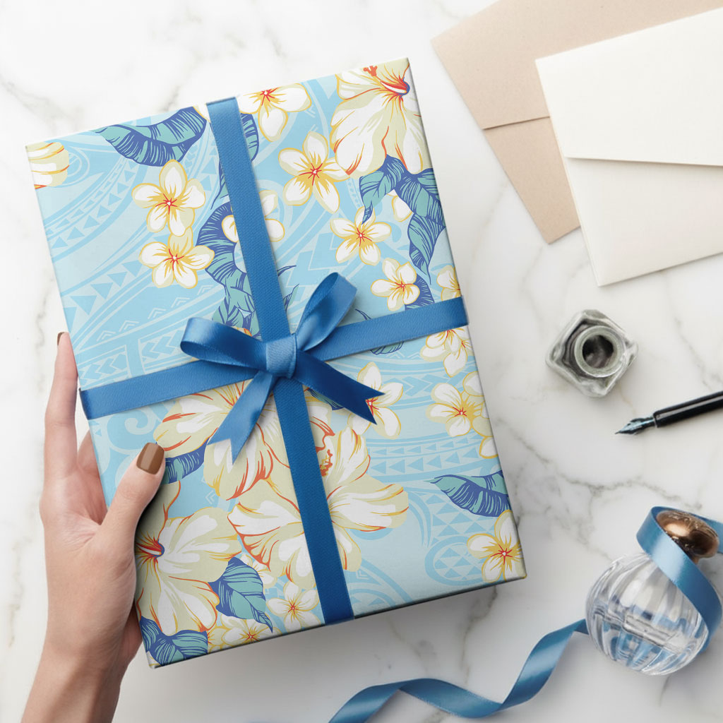 Hawaii Hibiscus Plumeria Blue Wrapping Paper Polynesian Pattern