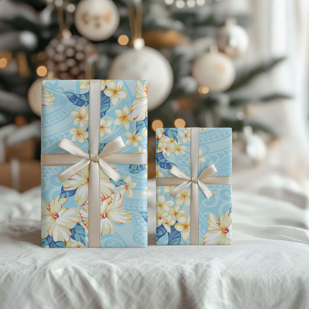 Hawaii Hibiscus Plumeria Blue Wrapping Paper Polynesian Pattern