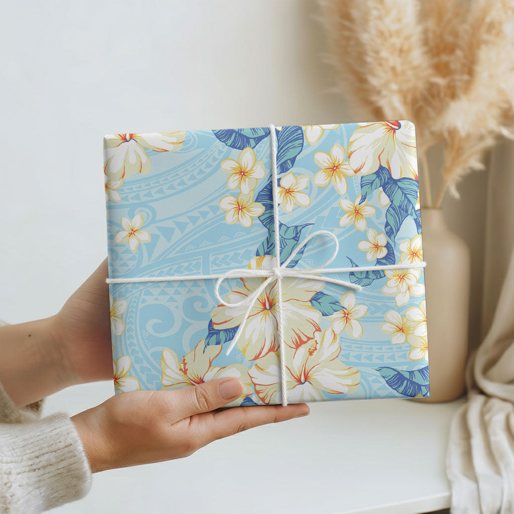 Hawaii Hibiscus Plumeria Blue Wrapping Paper Polynesian Pattern