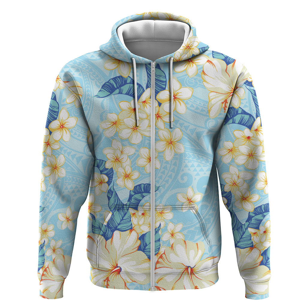 Hawaii Hibiscus Plumeria Blue Zip Hoodie Polynesian Pattern