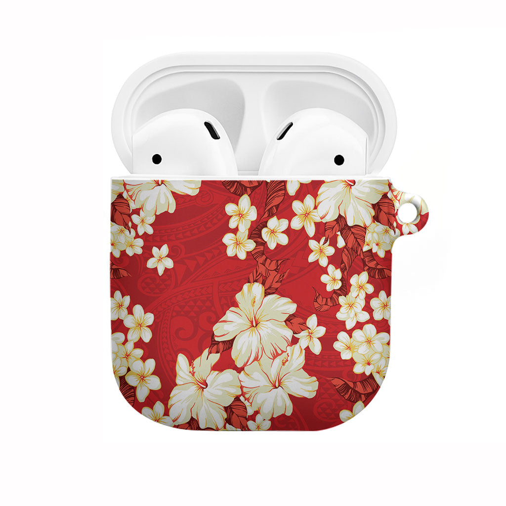 Hawaii Hibiscus Plumeria Red AirPods Case Polynesian Pattern
