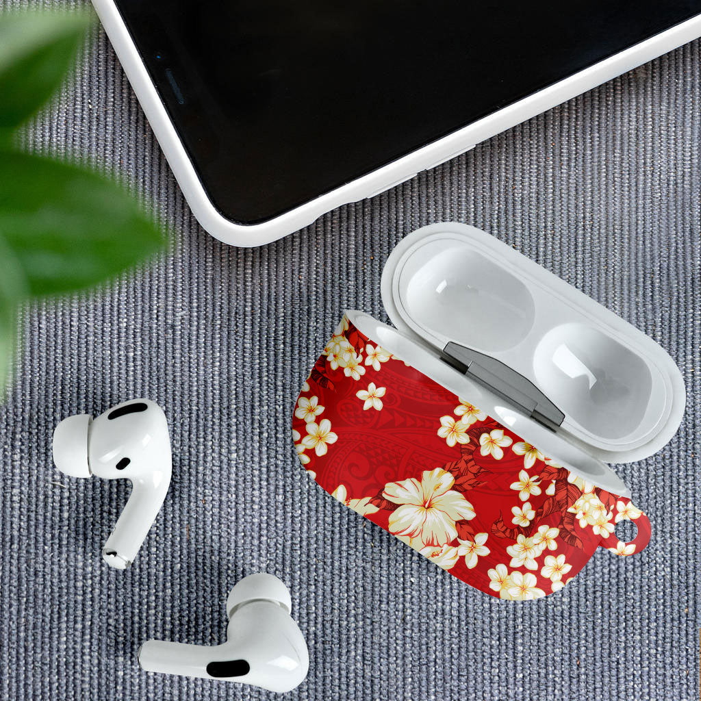 Hawaii Hibiscus Plumeria Red AirPods Case Polynesian Pattern