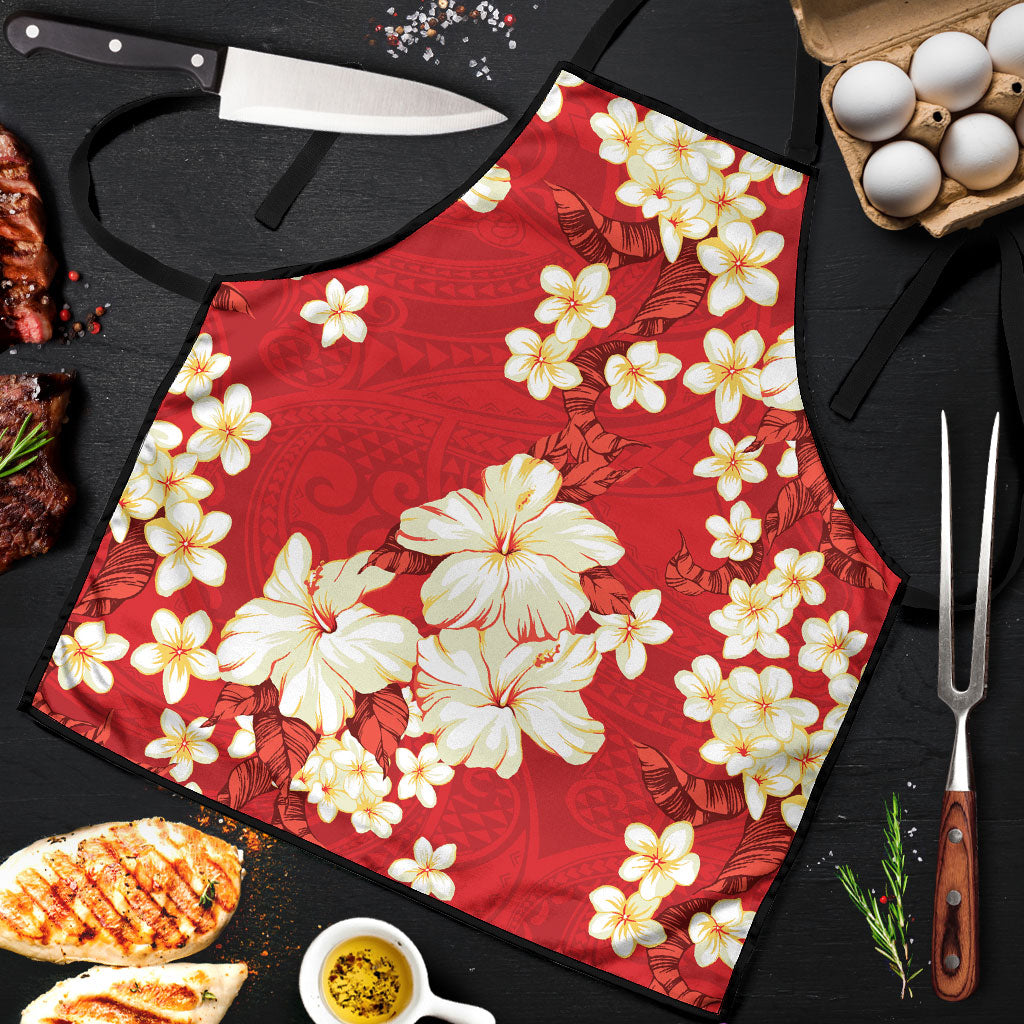 Hawaii Hibiscus Plumeria Red Apron Polynesian Pattern