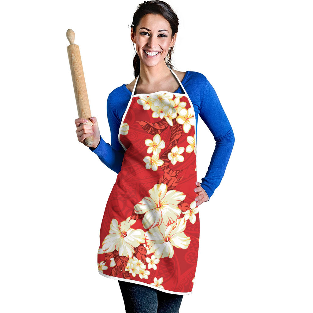 Hawaii Hibiscus Plumeria Red Apron Polynesian Pattern
