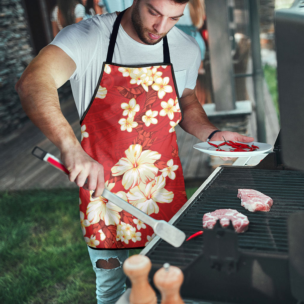 Hawaii Hibiscus Plumeria Red Apron Polynesian Pattern