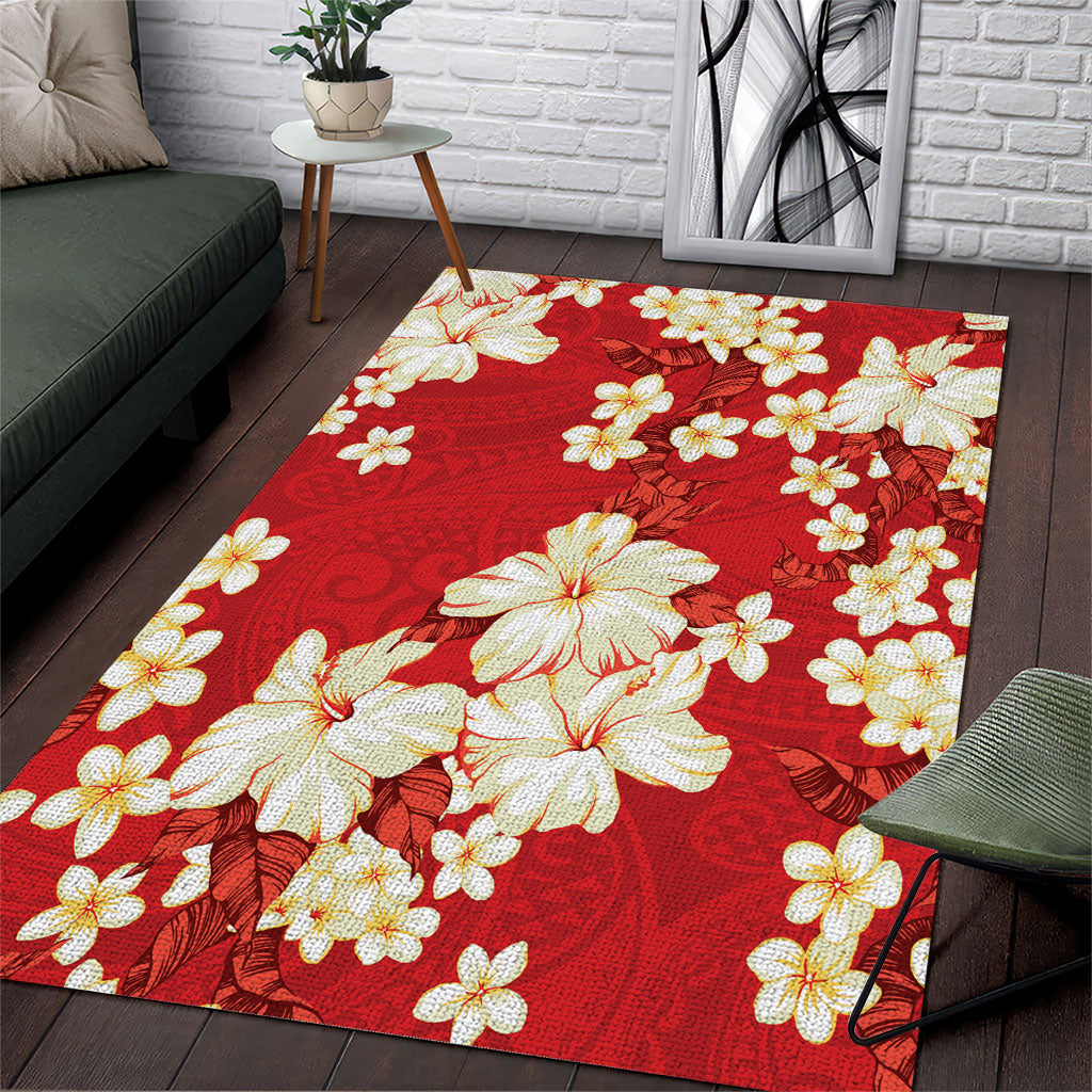 Hawaii Hibiscus Plumeria Red Area Rug Polynesian Pattern