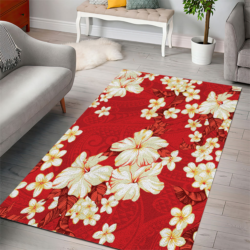 Hawaii Hibiscus Plumeria Red Area Rug Polynesian Pattern