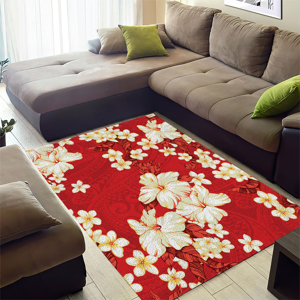 Hawaii Hibiscus Plumeria Red Area Rug Polynesian Pattern