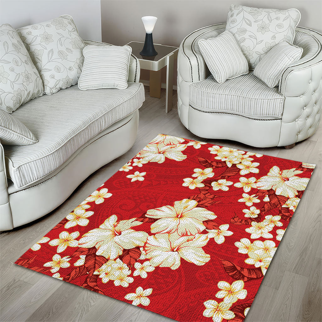 Hawaii Hibiscus Plumeria Red Area Rug Polynesian Pattern