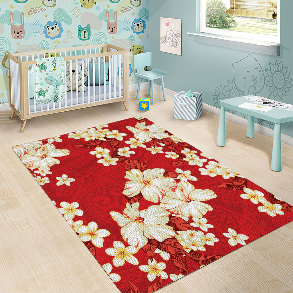 Hawaii Hibiscus Plumeria Red Area Rug Polynesian Pattern
