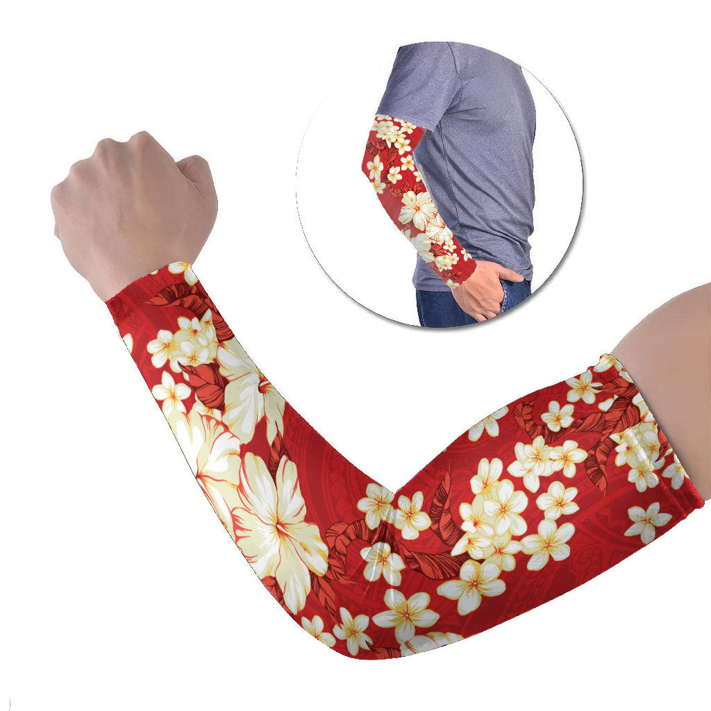 Hawaii Hibiscus Plumeria Red Arm Sleeves Polynesian Pattern