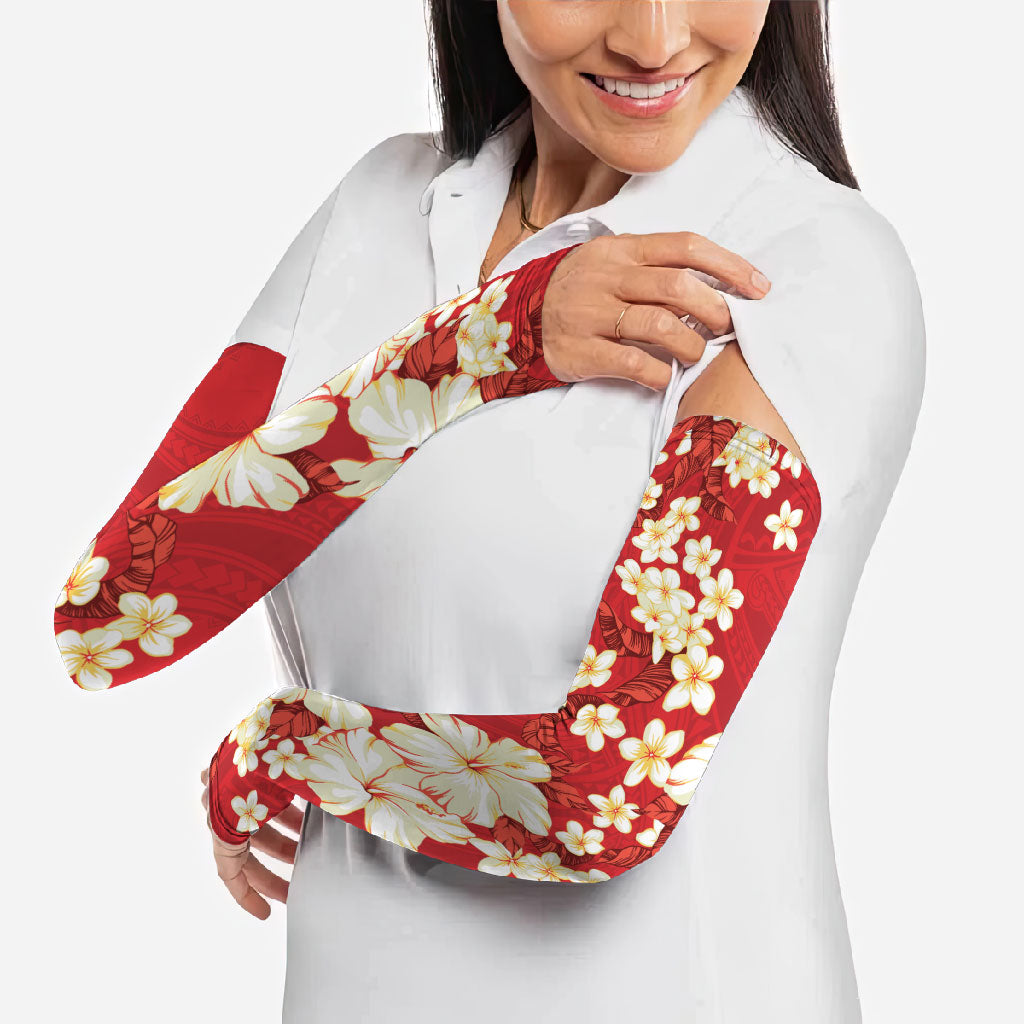 Hawaii Hibiscus Plumeria Red Arm Sleeves Polynesian Pattern