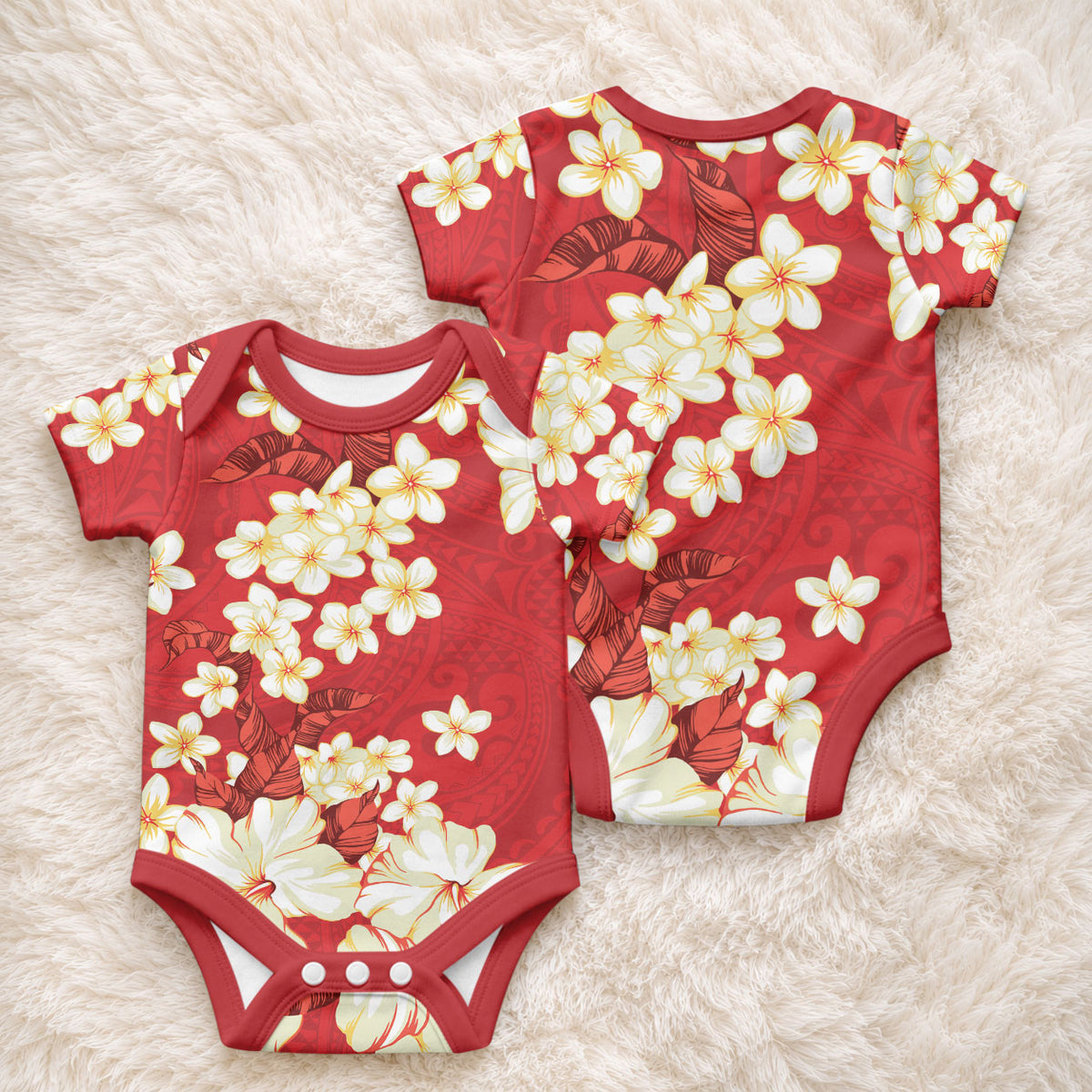Hawaii Hibiscus Plumeria Red Baby Onesie Polynesian Pattern