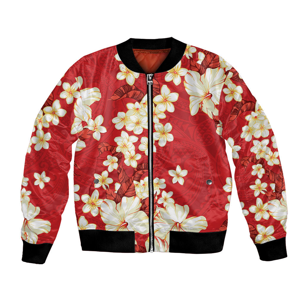Hawaii Hibiscus Plumeria Red Bomber Jacket Polynesian Pattern