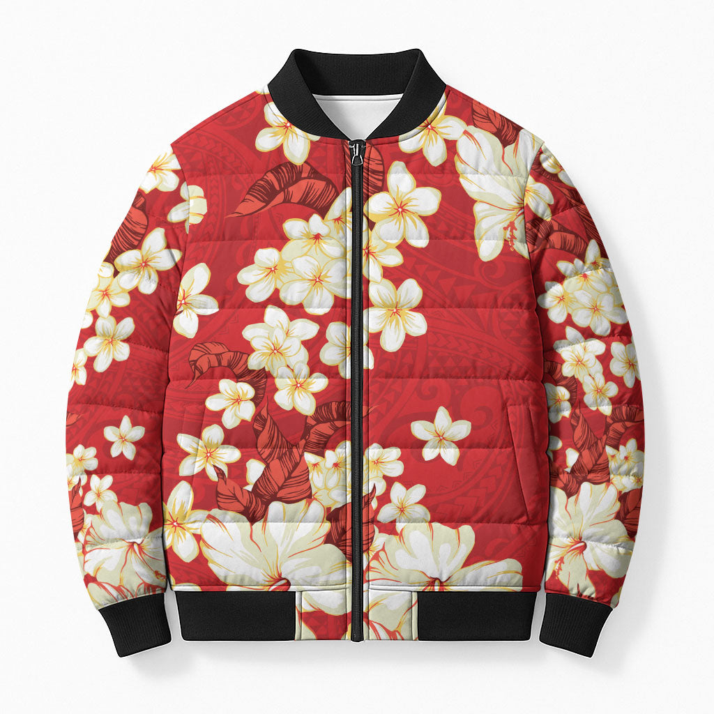 Hawaii Hibiscus Plumeria Red Bomber Puffer Jacket Polynesian Pattern