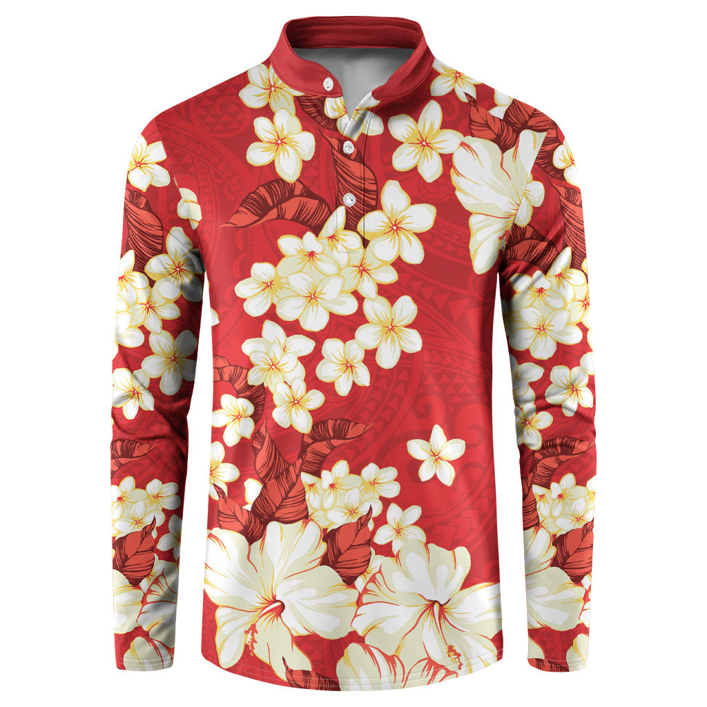 Hawaii Hibiscus Plumeria Red Button Sweatshirt Polynesian Pattern