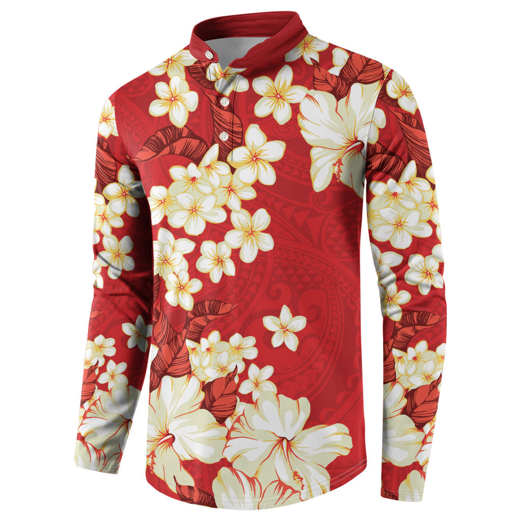 Hawaii Hibiscus Plumeria Red Button Sweatshirt Polynesian Pattern