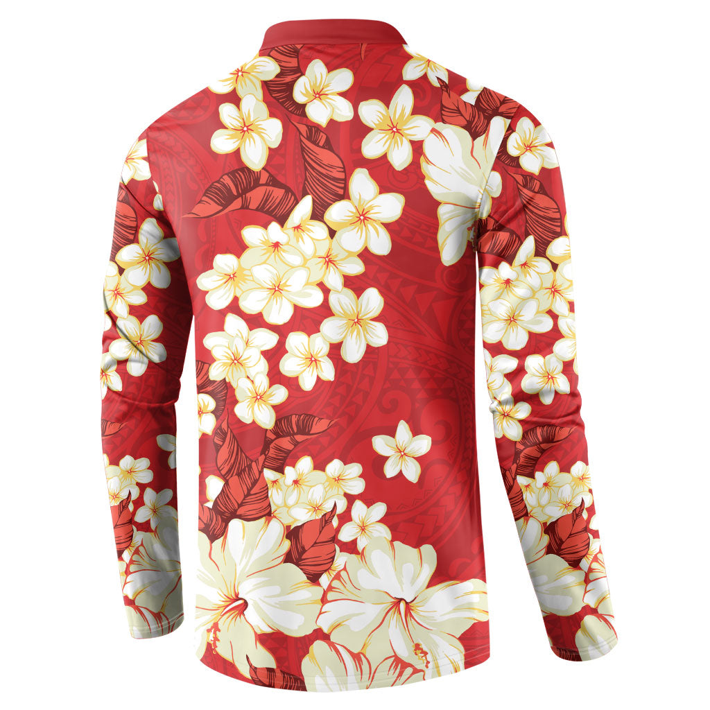 Hawaii Hibiscus Plumeria Red Button Sweatshirt Polynesian Pattern