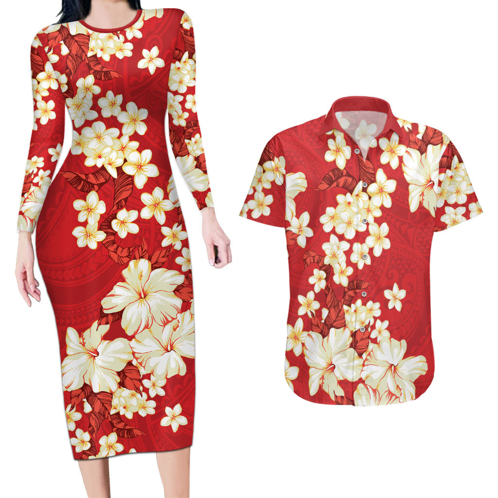 Hawaii Hibiscus Plumeria Red Couples Matching Long Sleeve Bodycon Dress and Hawaiian Shirt Polynesian Pattern LT01 Red - Polynesian Pride