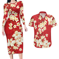 Hawaii Hibiscus Plumeria Red Couples Matching Long Sleeve Bodycon Dress and Hawaiian Shirt Polynesian Pattern LT01 Red - Polynesian Pride