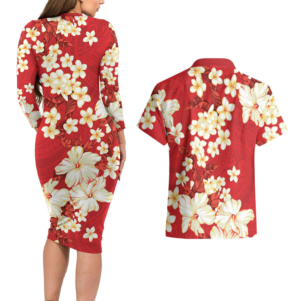 Hawaii Hibiscus Plumeria Red Couples Matching Long Sleeve Bodycon Dress and Hawaiian Shirt Polynesian Pattern LT01 - Polynesian Pride