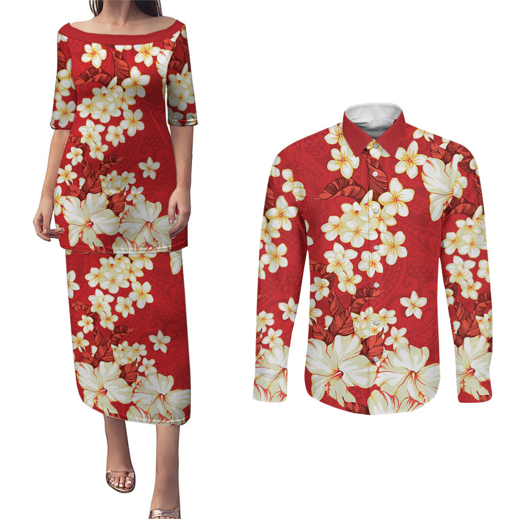 Hawaii Hibiscus Plumeria Red Couples Matching Puletasi and Long Sleeve Button Shirt Polynesian Pattern LT01 Red - Polynesian Pride