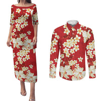 Hawaii Hibiscus Plumeria Red Couples Matching Puletasi and Long Sleeve Button Shirt Polynesian Pattern LT01 Red - Polynesian Pride