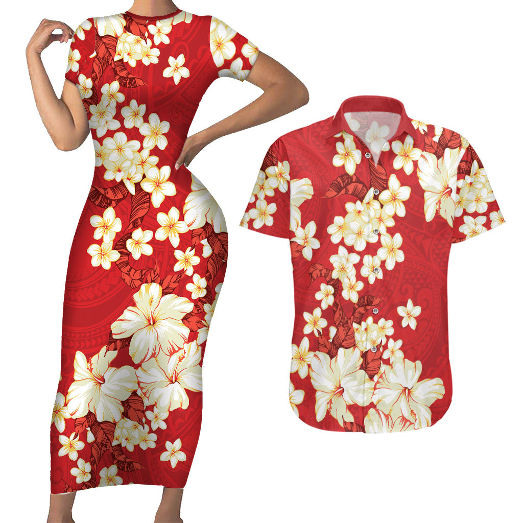 Hawaii Hibiscus Plumeria Red Couples Matching Short Sleeve Bodycon Dress and Hawaiian Shirt Polynesian Pattern LT01 Red - Polynesian Pride