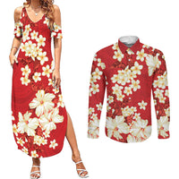 Hawaii Hibiscus Plumeria Red Couples Matching Summer Maxi Dress and Long Sleeve Button Shirt Polynesian Pattern